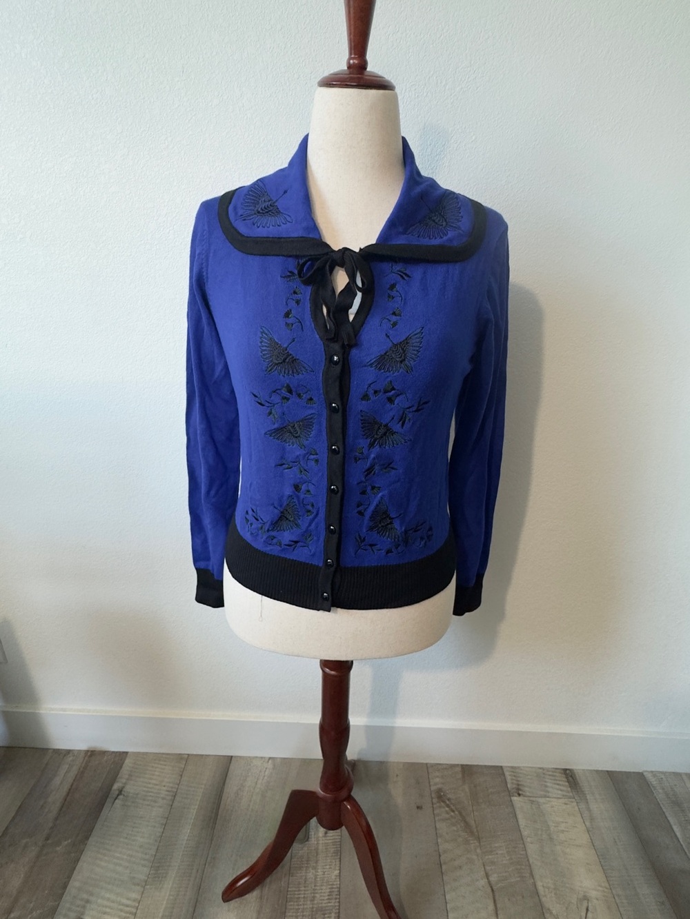 Voodoo Vixen Royal Blue and Black Embroidered Cardigan Sweater